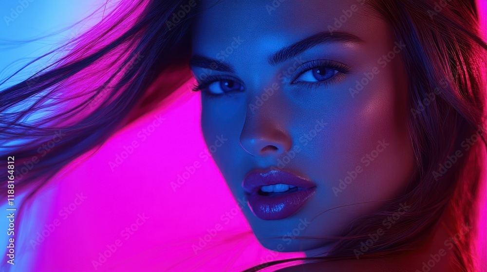 Neon Dreams: A Captivating Portrait of a Woman with Vibrant Hair and Makeup, Bathed in Pink and Blue Light Neon Dreams: A Captivating Portrait of a Woman with Vibrant Hair and Makeup, Bathed in Pink and Blue Light