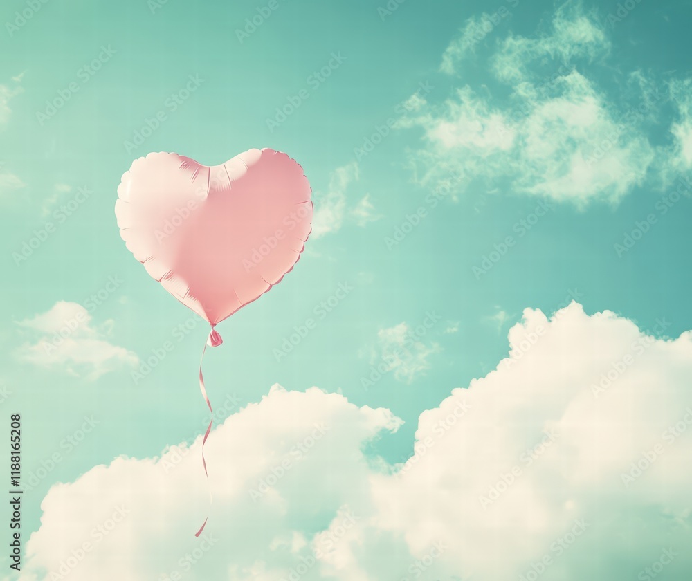 Fototapeta premium A pink heart-shaped balloon floating in the sky, with clouds and small hearts around it. A paper cut-out effect creates an elegant Valentine's Day background.