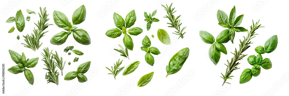 Set of A herbs, rosemary and basil leaves, isolated on Transparent PNG format Background. Set of A herbs, rosemary and basil leaves, isolated on Transparent PNG format Background.