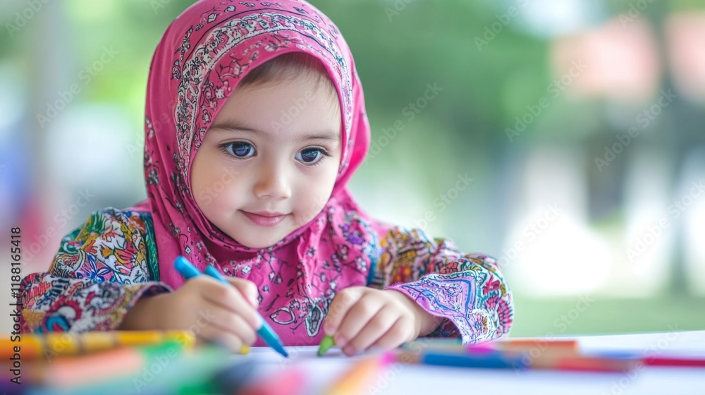 Young Girl In Headscarf Drawing With Crayons Young Girl In Headscarf Drawing With Crayons