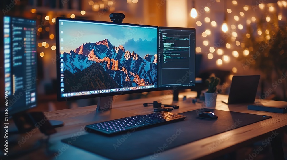 Cozy home office setup with dual monitors displaying a mountain landscape and code. Cozy home office setup with dual monitors displaying a mountain landscape and code.