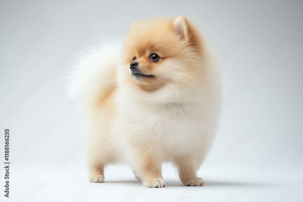 A fluffy Pomeranian puppy standing proudly, showcasing its vibrant coat and playful demeanor against a soft background. A fluffy Pomeranian puppy standing proudly, showcasing its vibrant coat and playful demeanor against a soft background.