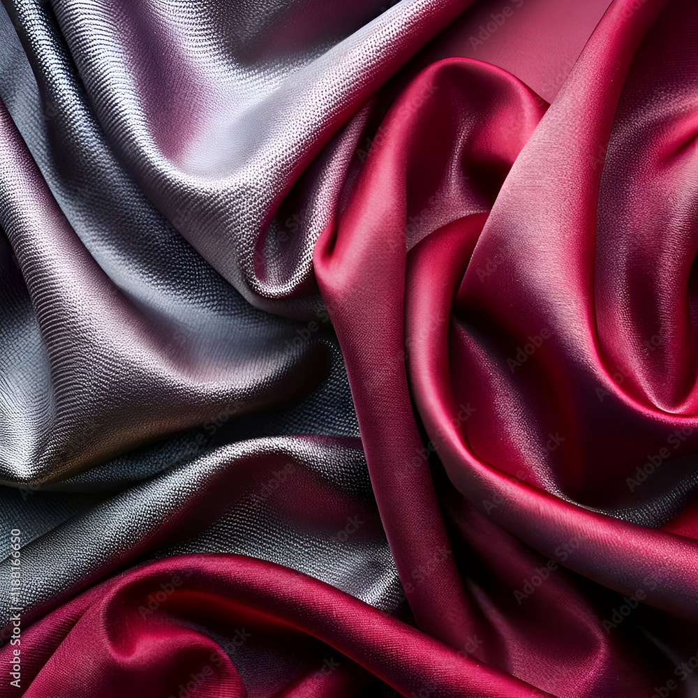 Fototapeta premium Luxurious Red and Silver Silk Fabric Texture. Elegant Drapery and Smooth Waves