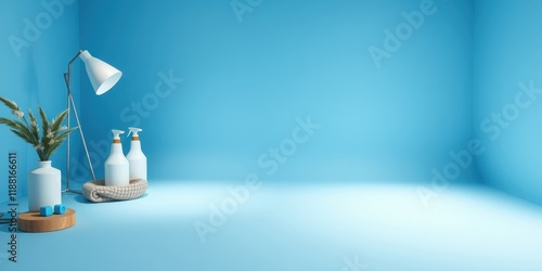 Minimalistic Scene with a White Lamp, Two Spray Bottles, a Vase with Flowers, and a Wooden Platform in a Bright Blue Corner Room