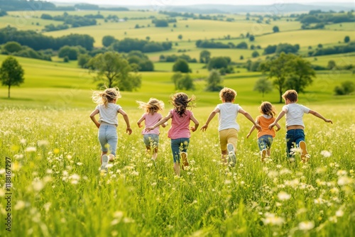 Fototapeta Naklejka Na Ścianę i Meble -  Children running through a green meadow in the countryside on a sunny day.