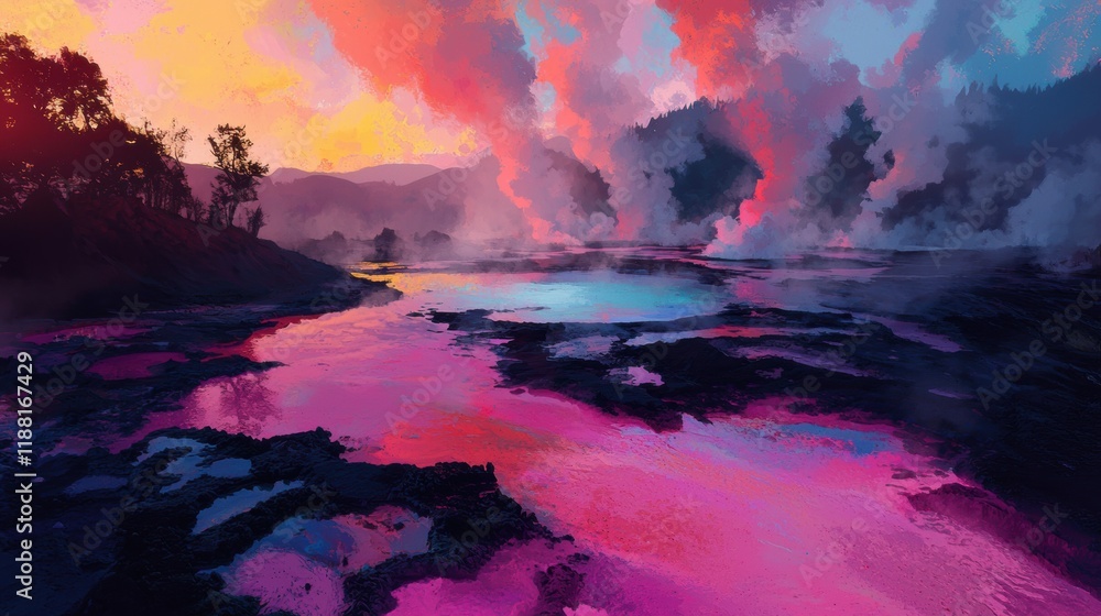 Fototapeta premium Vibrant Landscape of Geothermal Hot Springs at Sunset