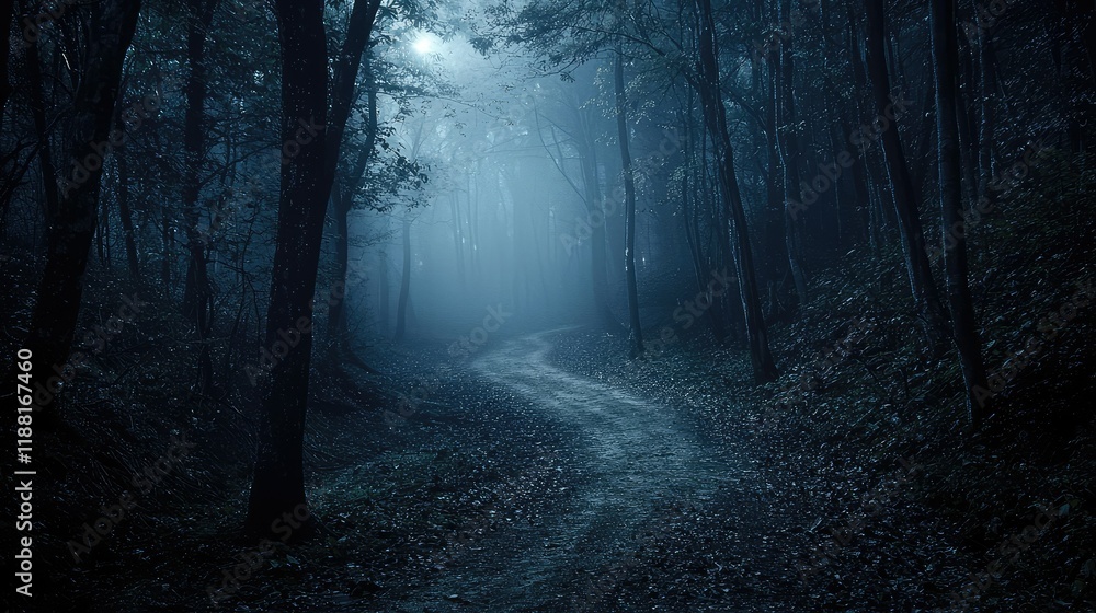 Fototapeta premium Mysterious Foggy Forest Path with Shadows and Dim Light Effects
