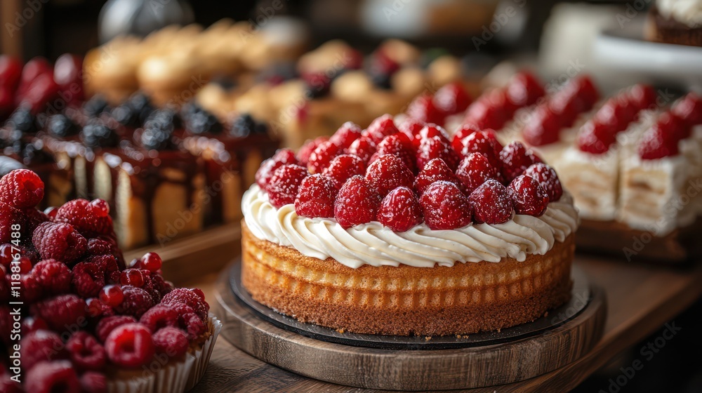 Delicious Raspberry Cakes on Wooden Table Delicious Raspberry Cakes on Wooden Table