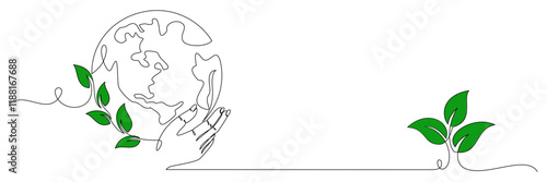 earth day line art style.globe with plants illustration vector 1