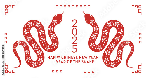 Chinese background with red twisted snake in floral ornament. Hand drawn vector illustration. photo