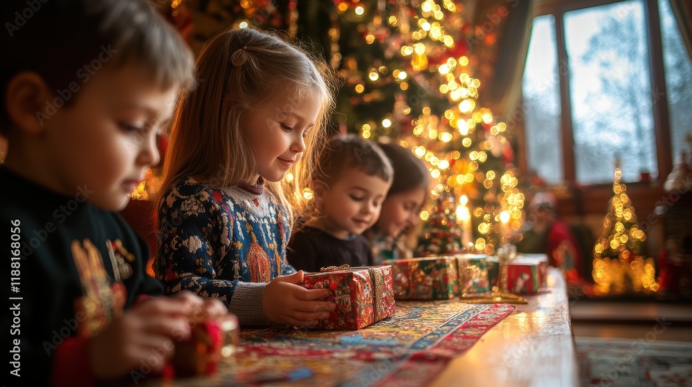 Orthodox family celebrating Christmas at home, focus on children opening presents near corner of lit icons and beautifully decorated tree Orthodox family celebrating Christmas at home, focus on children opening presents near corner of lit icons and beautifully decorated tree