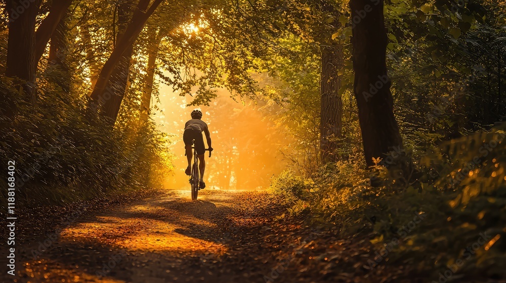 Golden Hour Cycling Through Enchanted Forest Pathway Golden Hour Cycling Through Enchanted Forest Pathway