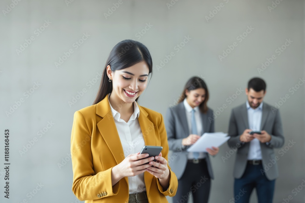 Professional woman smiling while checking smartphone with colleagues in the background.
