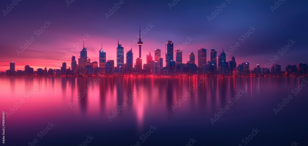 Fototapeta premium A vibrant skyline at dusk, showcasing silhouettes of skyscrapers reflected in calm waters, with hues of pink and purple in the sky.