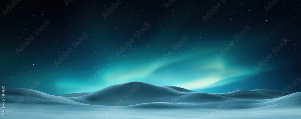 Fototapeta premium A serene landscape featuring rolling snow-covered hills under a vibrant aurora borealis, creating a magical and tranquil nighttime atmosphere.