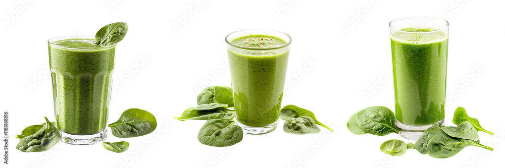 Set of A Green smoothie with spinach in a glass, isolated on Transparent PNG format Background.