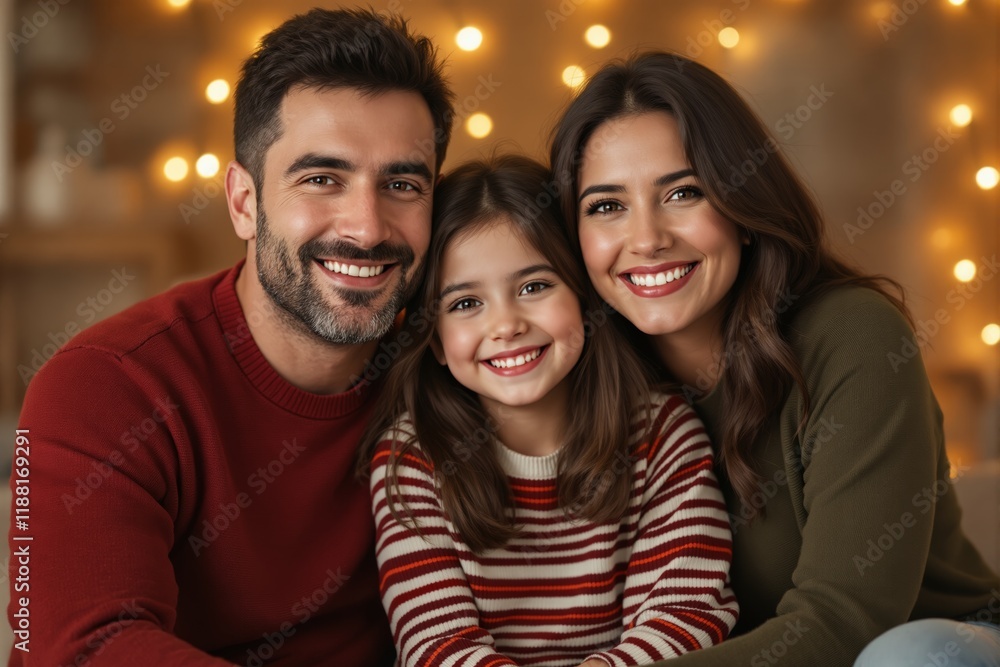 Happy family portrait with warm lighting and festive background.