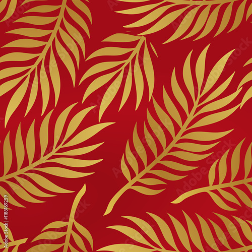 abstract tropical leaves seamless pattern with gold and red texture for bed sheet, background and textile