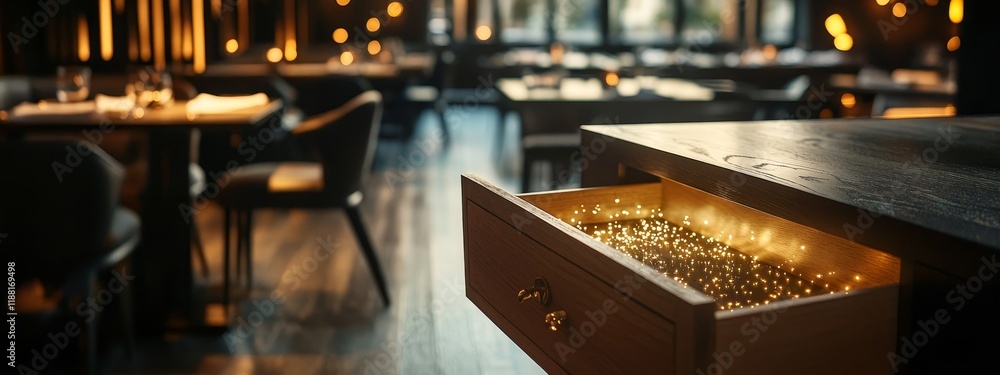 Open drawer with fairy lights in a dimly lit restaurant. Open drawer with fairy lights in a dimly lit restaurant.