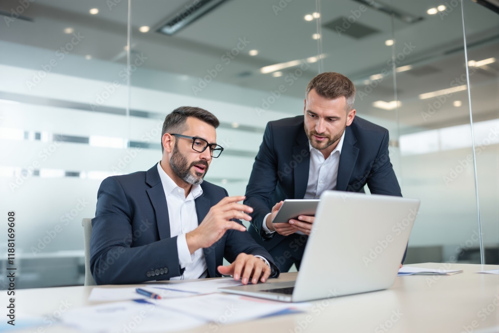 Two businessmen discussing work in a modern office setting. Two businessmen discussing work in a modern office setting.