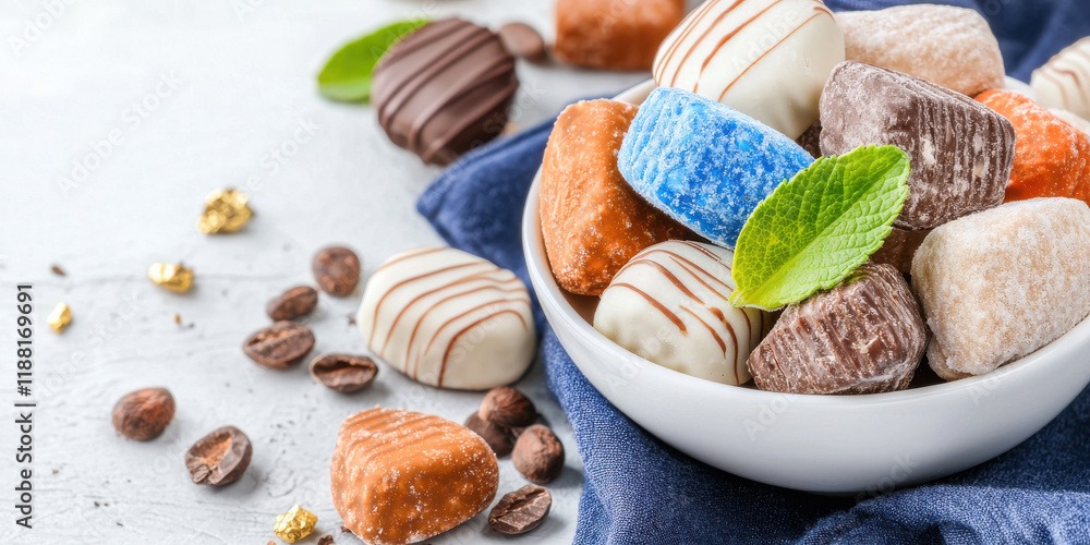 Gourmet pralines in vibrant colors arranged in bowl, surrounded by coffee beans and mint leaves, creating delightful treat Gourmet pralines in vibrant colors arranged in bowl, surrounded by coffee beans and mint leaves, creating delightful treat