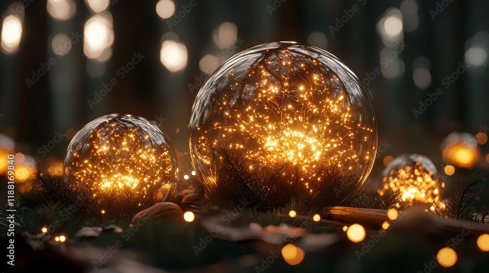 Fototapeta premium Enchanting Glowing Glass Orbs in Forest Setting Festive Winter Wonderland Scene