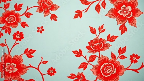 Blue and red Peranakan tile mosaic background with intricate floral and geometric patterns, Peranakan, floral, texture