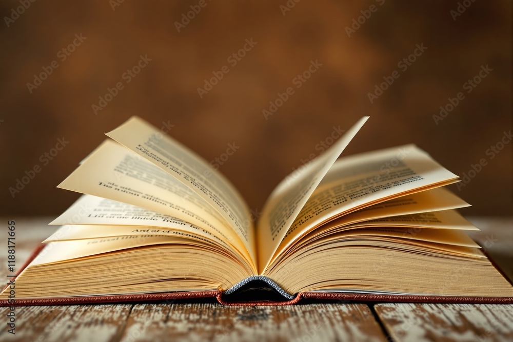 Obraz premium Open book on wooden table with blurred brown background, pages flipping, depicting knowledge and storytelling concept.