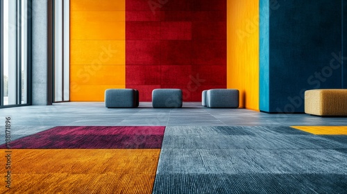 A modern, colorful interior with geometric patterns, bold walls, and minimalist grey poufs