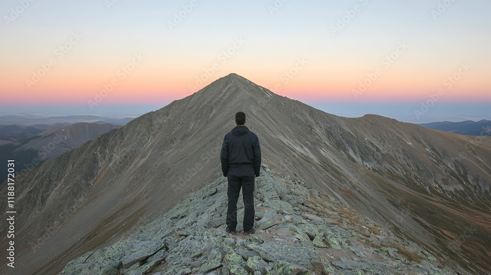Fototapeta premium Man contemplates sunrise mountain peak, vast landscape background, travel inspiration