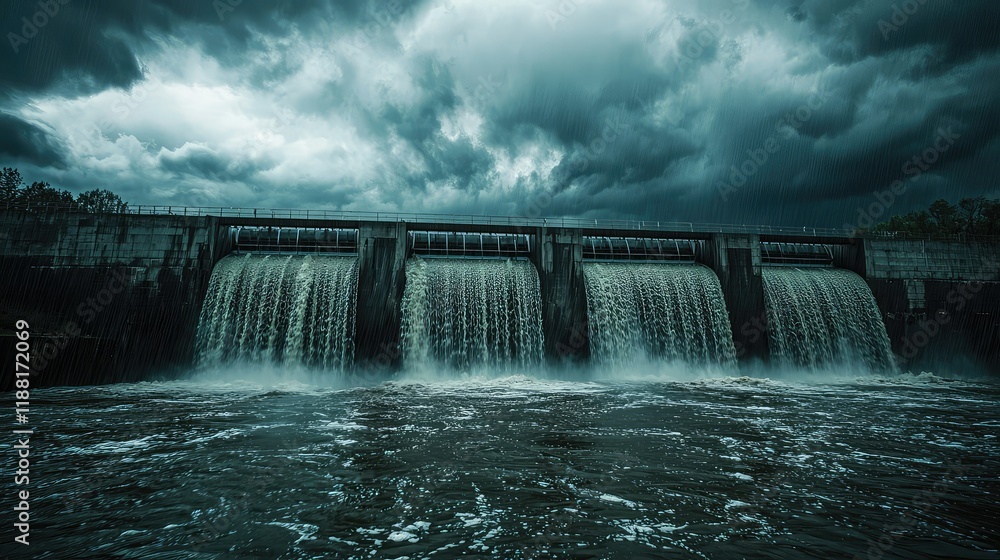 Powerful Water Flow at Dam Under Dramatic Cloudy Sky Powerful Water Flow at Dam Under Dramatic Cloudy Sky