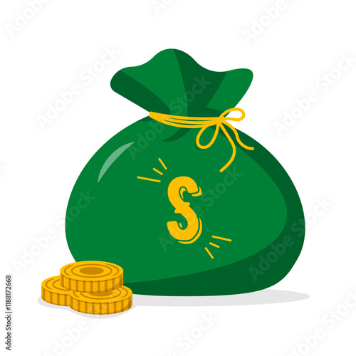 Green money bag tied with a yellow string, dollar symbol and coins nearby, cartoon style, on a white background, concept of wealth