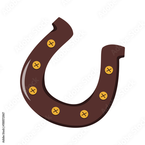 brown horseshoe with golden bolts, simple graphic style, isolated on a white background, symbol of luck