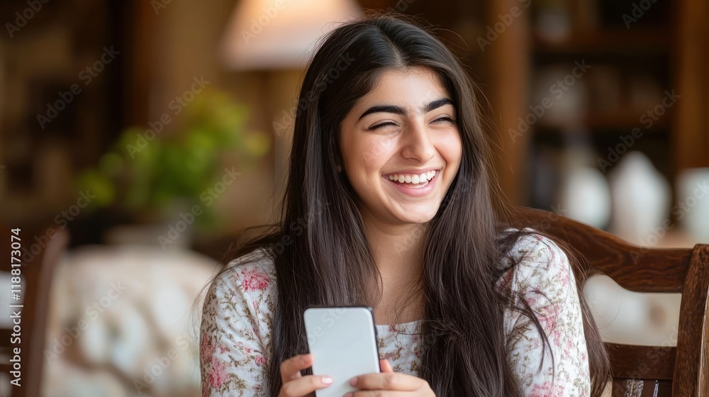 Laughing Young Woman Using Smartphone Indoors Laughing Young Woman Using Smartphone Indoors