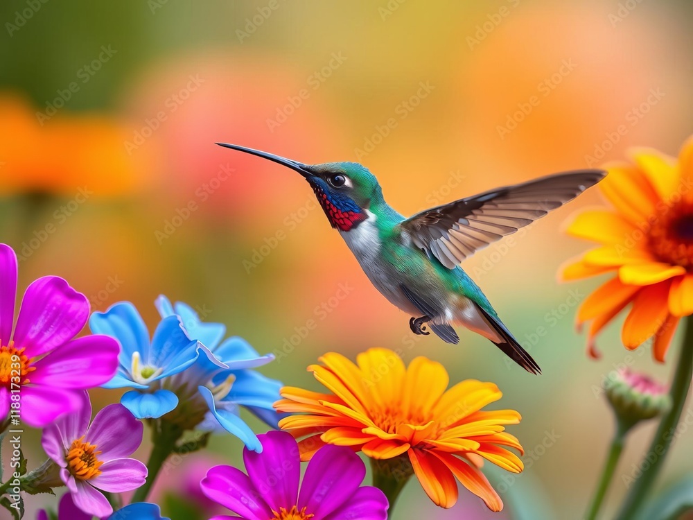 Naklejka premium Broad billed hummingbird with vibrant colors blending into various backgrounds, adding interest to any garden setting, flowers, hummingbird, backgrounds