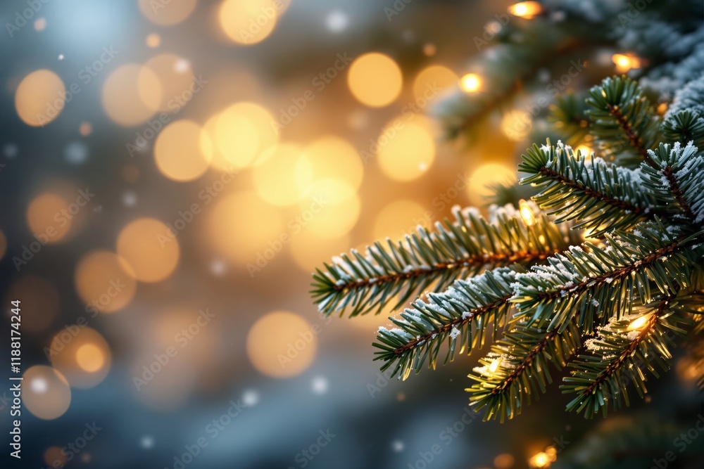 Snow-dusted Christmas tree branch with glowing lights on a golden bokeh background. Snow-dusted Christmas tree branch with glowing lights on a golden bokeh background.