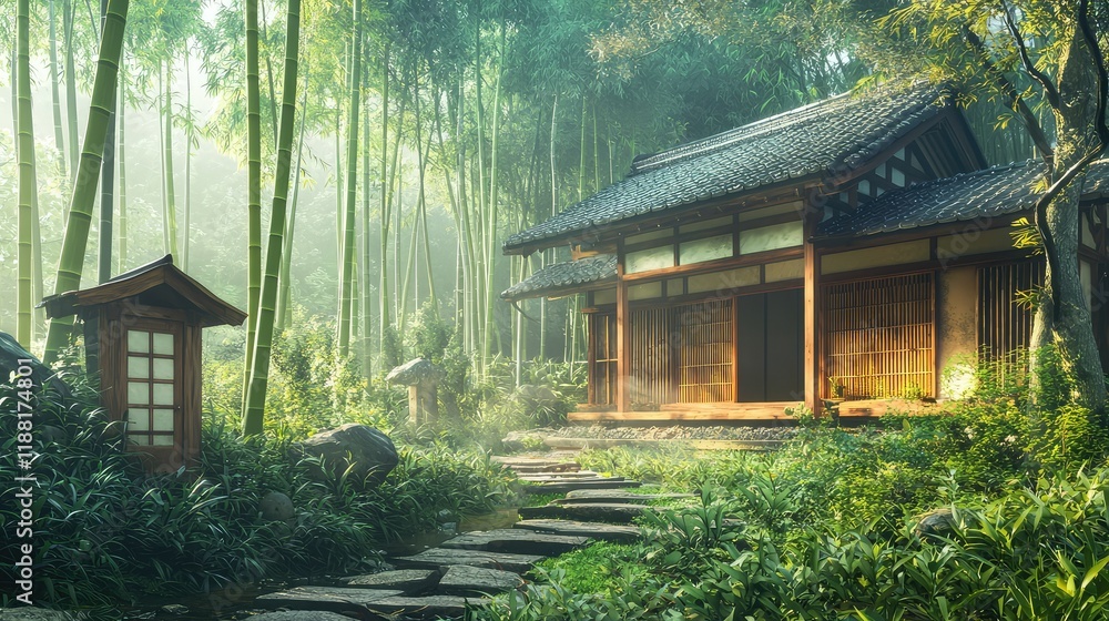 Serene Bamboo Forest with Traditional Japanese House in Morning Light Serene Bamboo Forest with Traditional Japanese House in Morning Light
