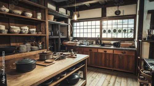 Wallpaper Mural Cozy rustic kitchen with wooden shelves and natural light Torontodigital.ca
