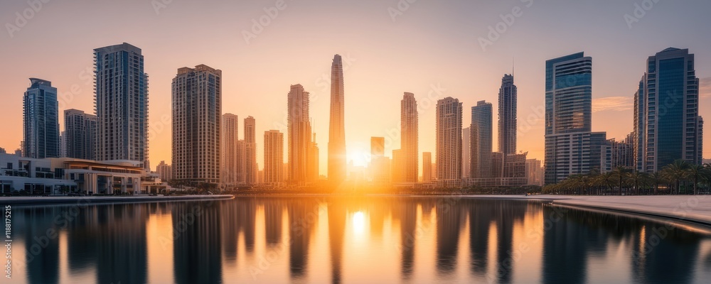 Obraz premium Dubai Skyline at Sunset: A Golden Reflection