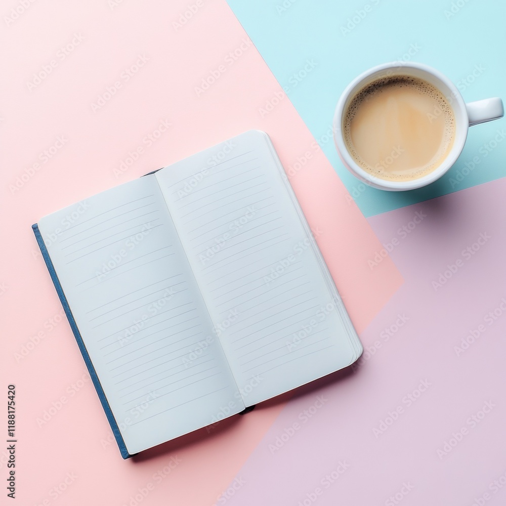 Open notebook and coffee cup on pastel background Open notebook and coffee cup on pastel background