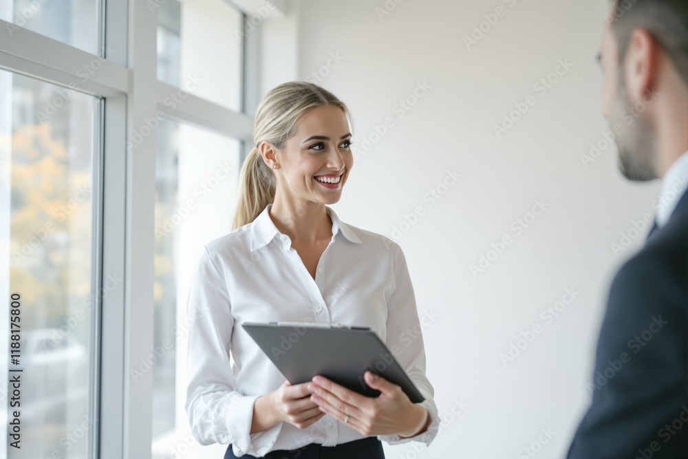 Businesswoman holding a clipboard and smiling during a meeting. Businesswoman holding a clipboard and smiling during a meeting.