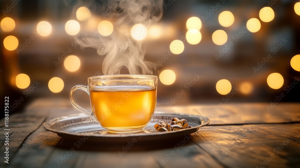 Steaming Cup Of Tea On Wooden Table With Lights Steaming Cup Of Tea On Wooden Table With Lights