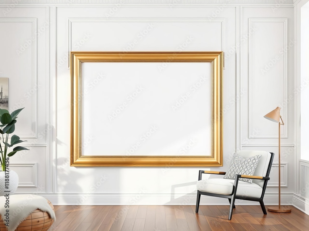 Classical style interior with blank picture frame mockup on white wall in modern living room with armchair, blank, mockup, picture frame Classical style interior with blank picture frame mockup on white wall in modern living room with armchair, blank, mockup, picture frame