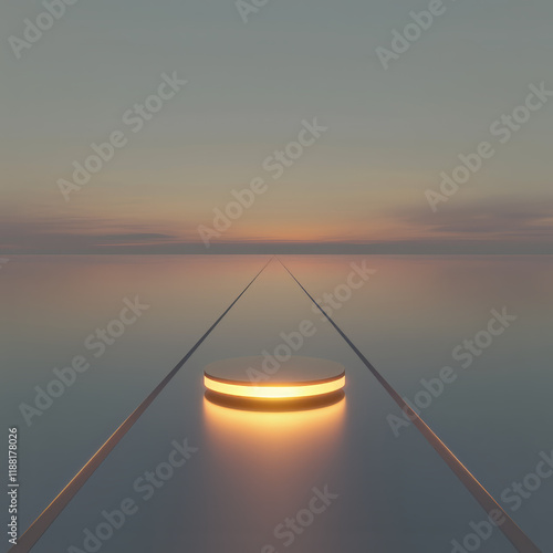 A photorealistic minimalist scene featuring a reflective surface with a glowing circular platform against a serene horizon. Ideal for modern design, architecture, or conceptual art themes photo