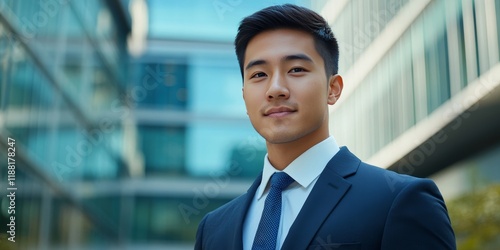 Young Asian businessman posing confidently in front of a modern office building, showcasing professionalism and ambition in a corporate environment. Ideal for business related themes. photo