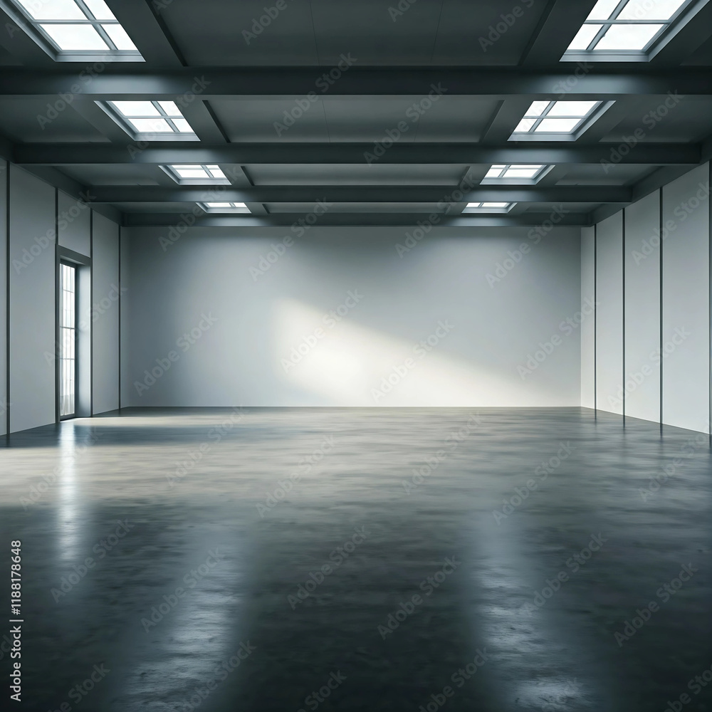 Wide angle shot of a simple, brightly lit, empty warehouse. Wide angle shot of a simple, brightly lit, empty warehouse.