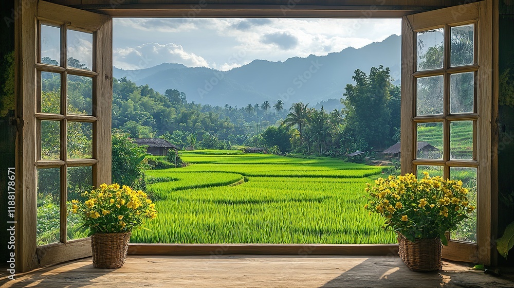 Panoramic view of vibrant green rice paddy fields and mountains seen from a rustic window with potted flowers. Panoramic view of vibrant green rice paddy fields and mountains seen from a rustic window with potted flowers.