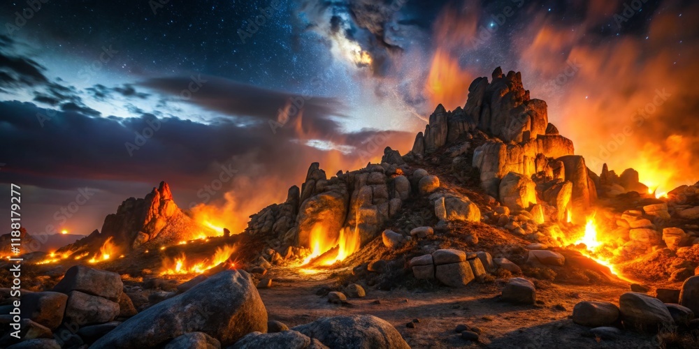 Majestic Landscape with Fiery Mountains at Night Majestic Landscape with Fiery Mountains at Night