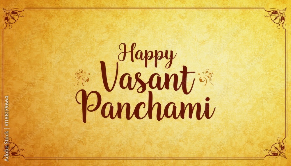 Textured Yellow Paper Background with Floral Accents and 'Happy Vasant Panchami' in Serif Font Textured Yellow Paper Background with Floral Accents and 'Happy Vasant Panchami' in Serif Font