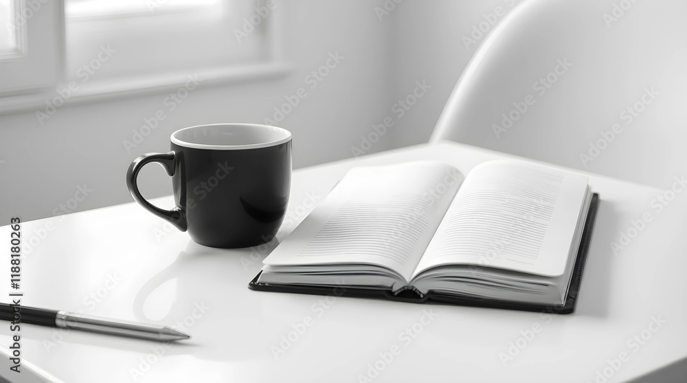 A coffee cup sits next to an open notebook on a white table. Infrared spectrum creates a surreal, otherworldly scene, adorable and charming. A coffee cup sits next to an open notebook on a white table. Infrared spectrum creates a surreal, otherworldly scene, adorable and charming.